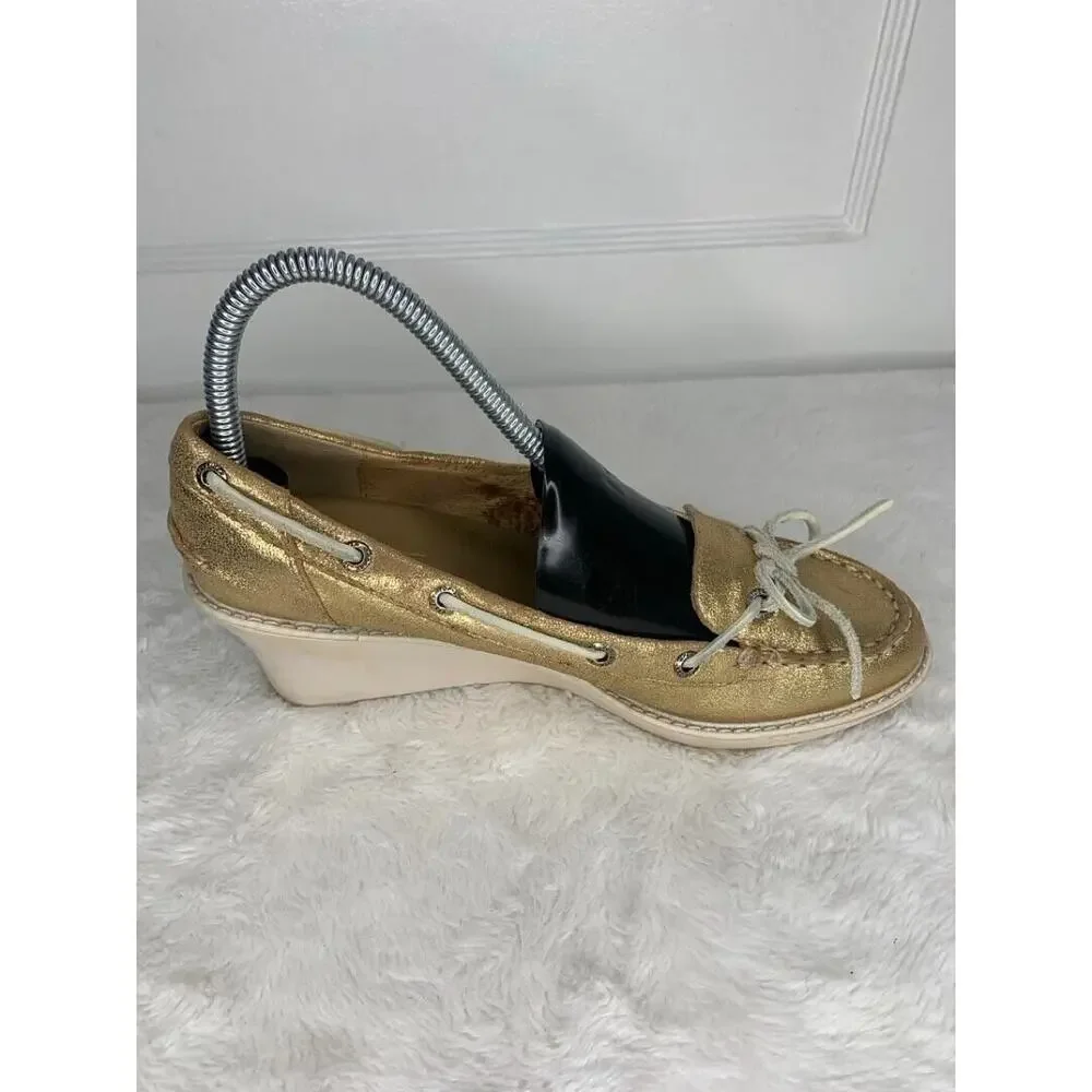 Sperry Womens Gold Metallic Wedge Boat Shoes Size 7.5M